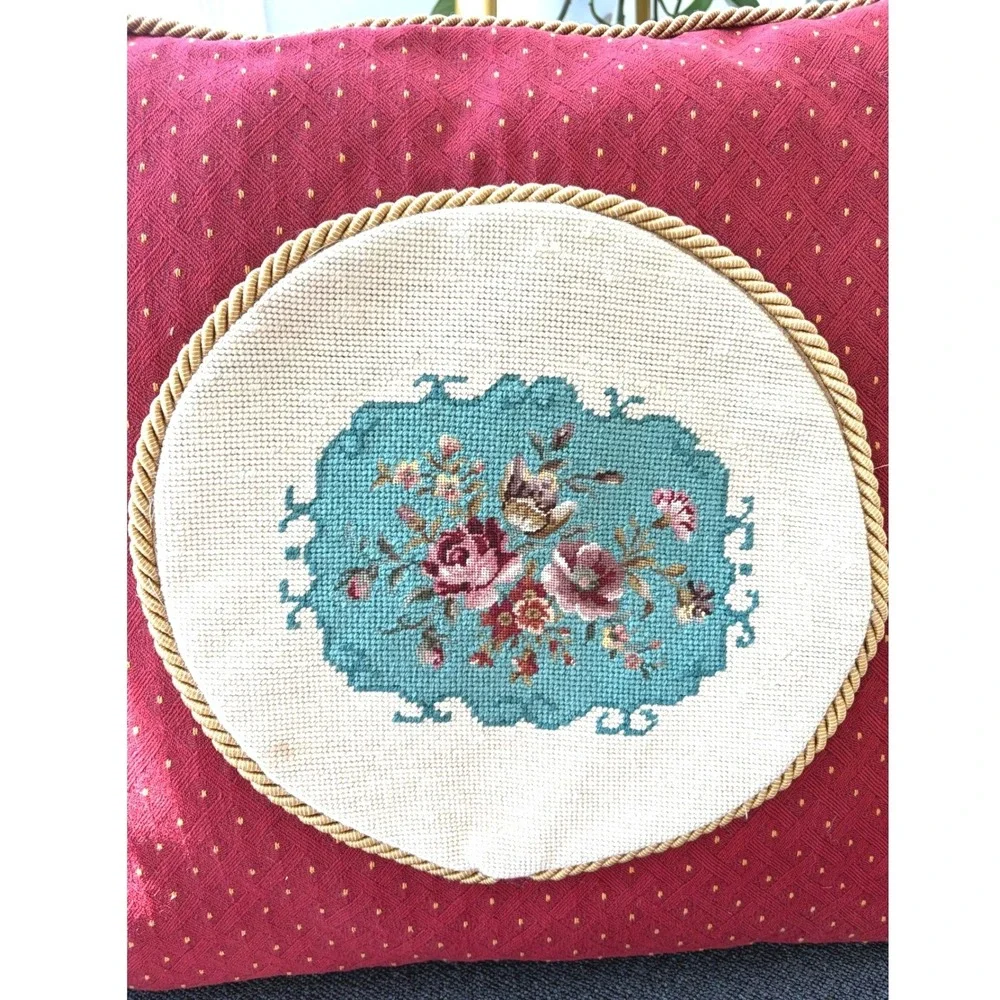 Vintage Needlepoint Floral Throw Pillow Burgundy Red Gold Rope Trim 20x20